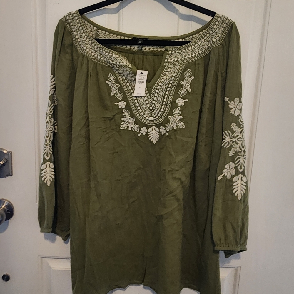 Talbots Olive Blouse with White Embroidery
